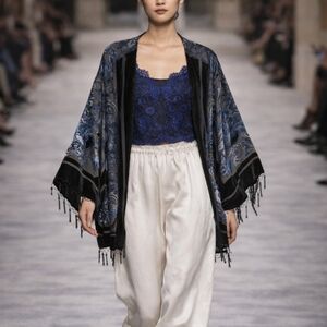 Vintage 90s Art Deco Mystic Romantic Velvet Burnout Beaded Tassel Silk Kimono